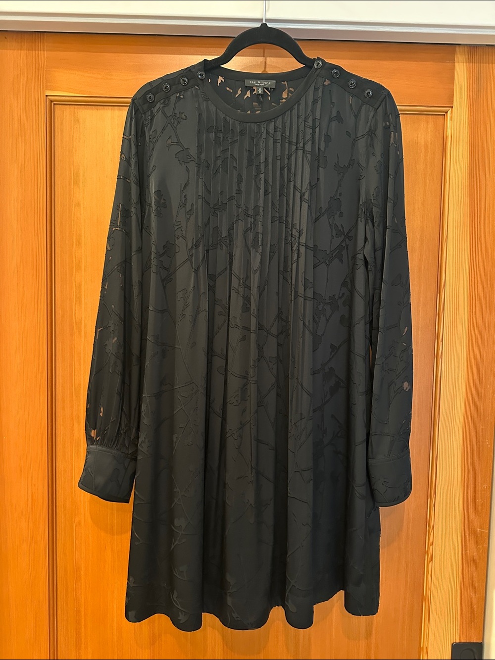 rag & bone Black Long-Sleeve Pleated Shift Dress with Button-Shoulder Detail
